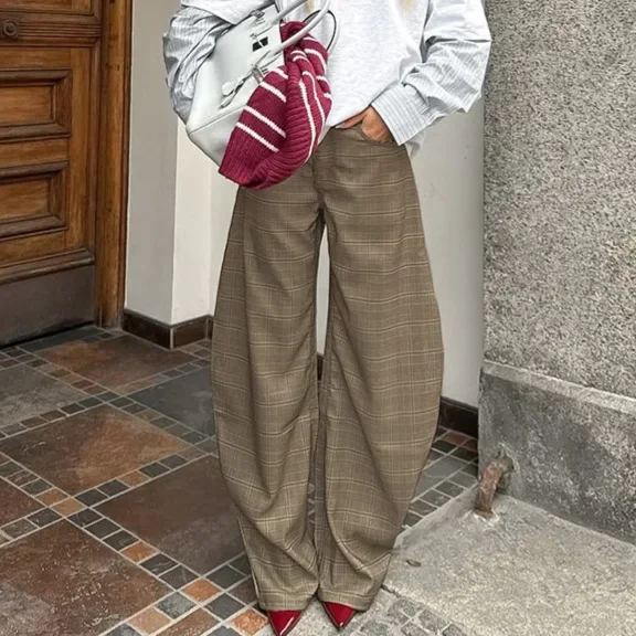 2026 Spring New Niche Design American Plaid Scimitar Pants Women's Casual Loose Slimming Casual Pants