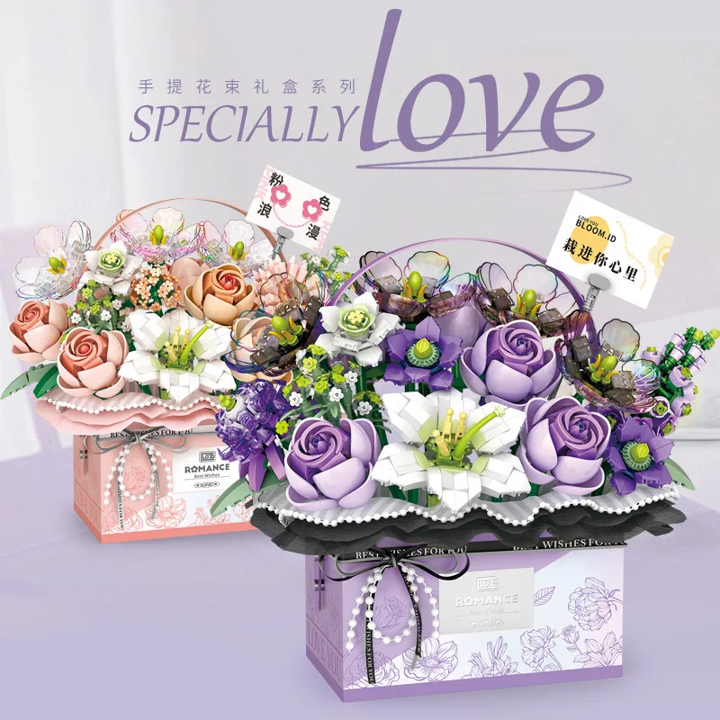 Mini Rose Flower Basket Flower Bundle Building Block DIY Flower Basket Home Decorative Brick with Light Cute Gift Toy