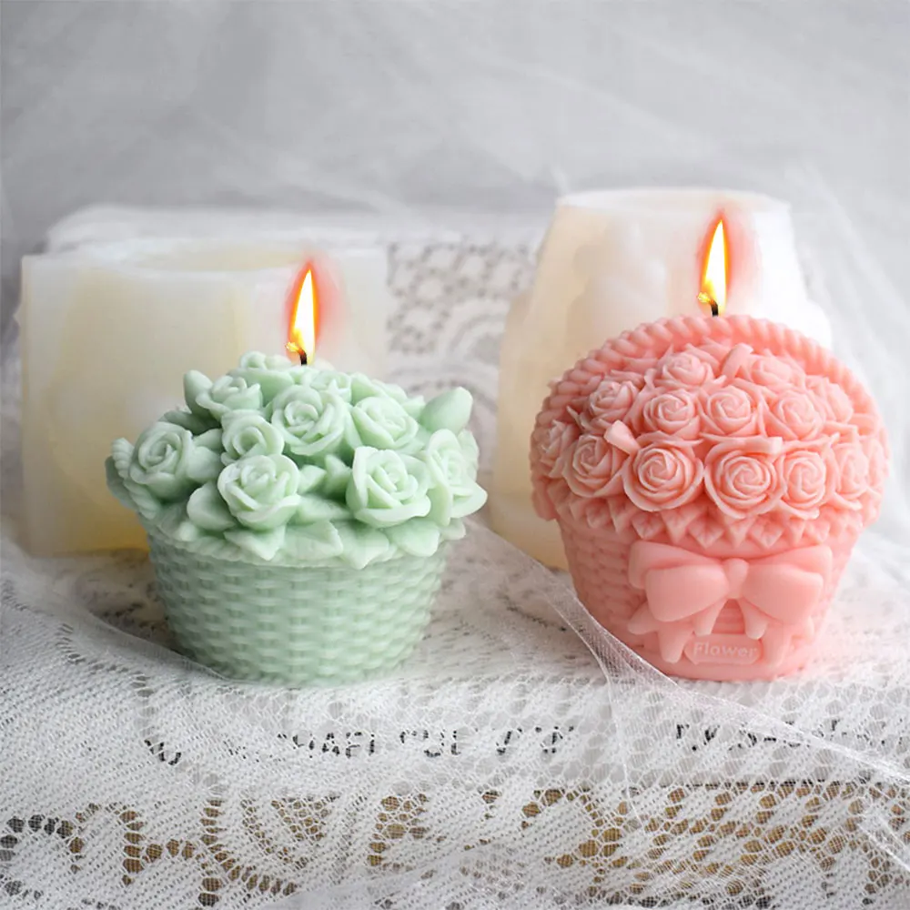 New Rose Basket Silicone Candle Mold Flower Soap Resin Plaster Mold DIY Chocolate Cake Ice Cube Making Tool Valentine's Day Gift