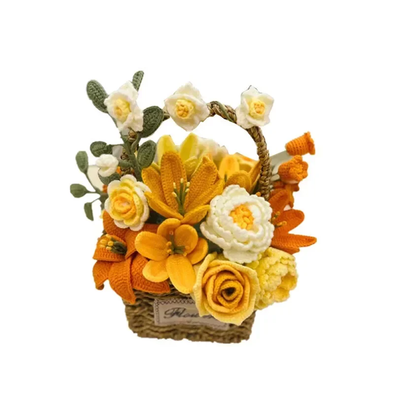 Handwoven bouquet DIY flower basket sunflower mix and match rose lily of the valley crochet creative girlfriend