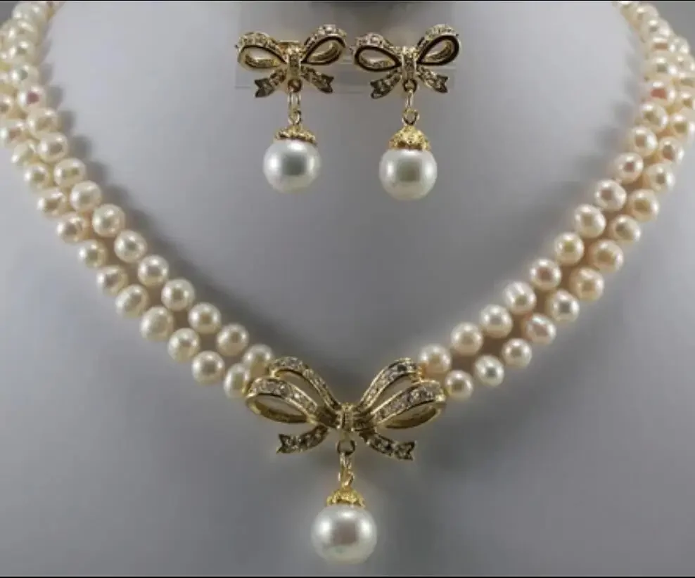 Women's fashion design 2 rows of 6-7mm white natural freshwater pearls + Gold Plated micro inlaid diamond butterfly accessories
