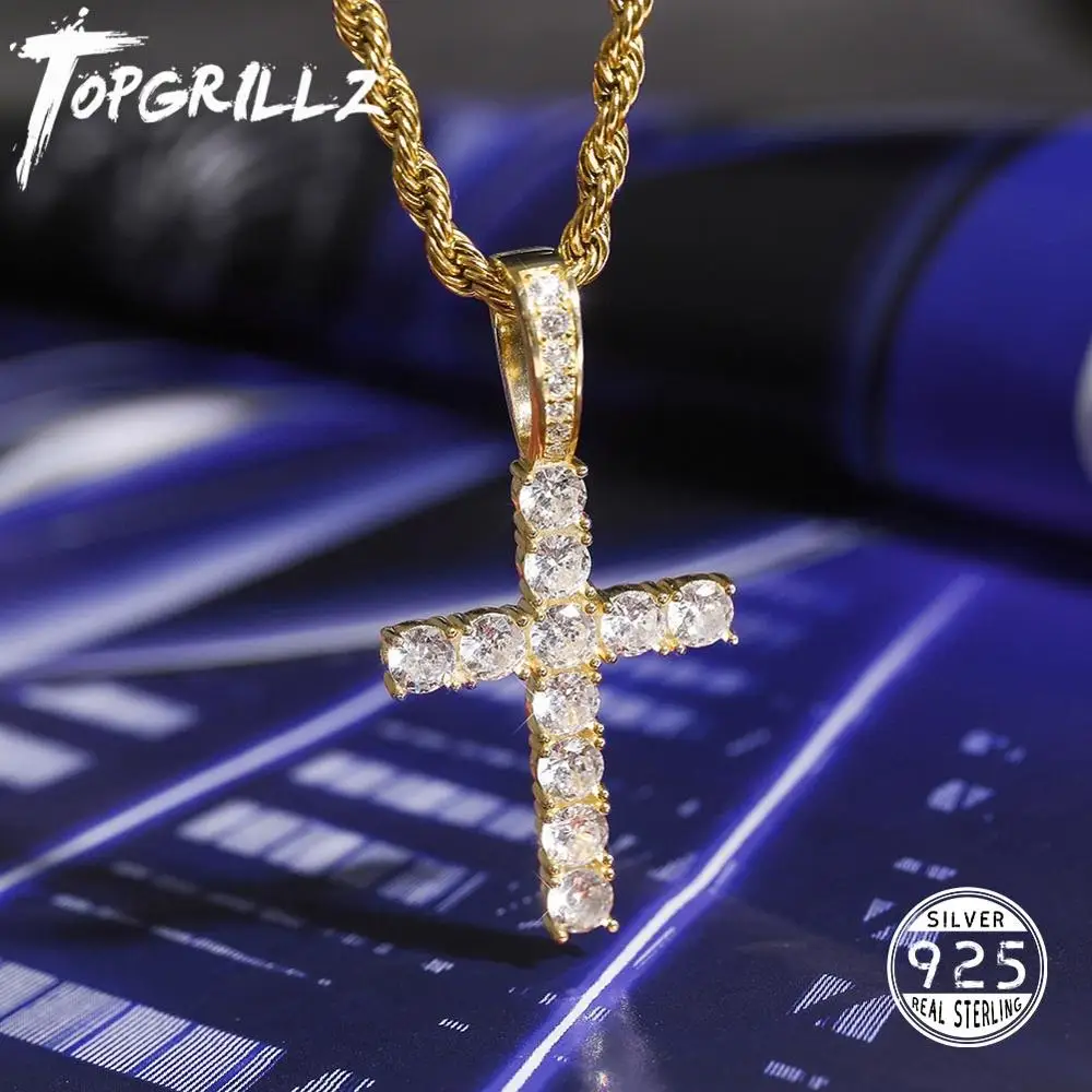 TOPGRILLZ  Men Women AAA Zircon Micro Cross Pendant Necklace Authentic 100% 925 Sterling Silver CZ Hip Hop Jewelry For Gift