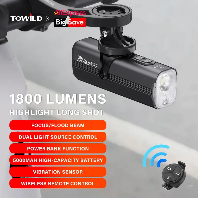 TOWILD DLite1800 Bicycle Lights 2100LM Focus/Flood Beam Dual Light Source Smart LED Bike Front Light IPX6 Mtb Cycling Headlights