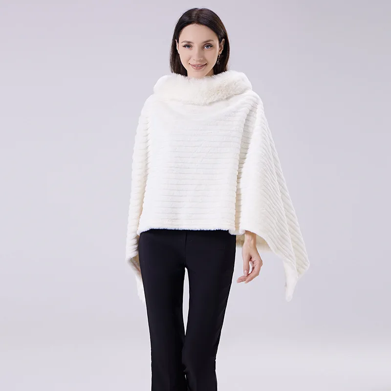 Autumn Winter Faux Mink Fur Collar Pullover Shawl Irregular Large Size Knitted Cape Loose Cloak Coat For Women Warm Cashmere