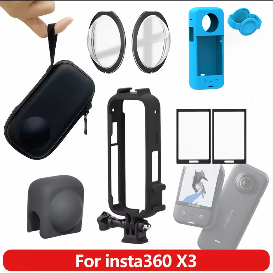 For Insta360 X3 Action Camera Accessories Lens Guards Film Protector Carrying Silicone Case Lens Cap PC Frame Mini Storage Bag