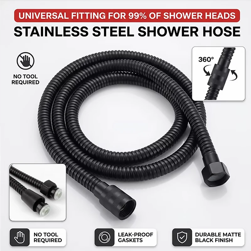 Black Stainless Steel Shower Hose 1.5/2m, High Density Braided Burst-Proof, High Temp Resistant,Brass Nuts, Bathroom Accessories