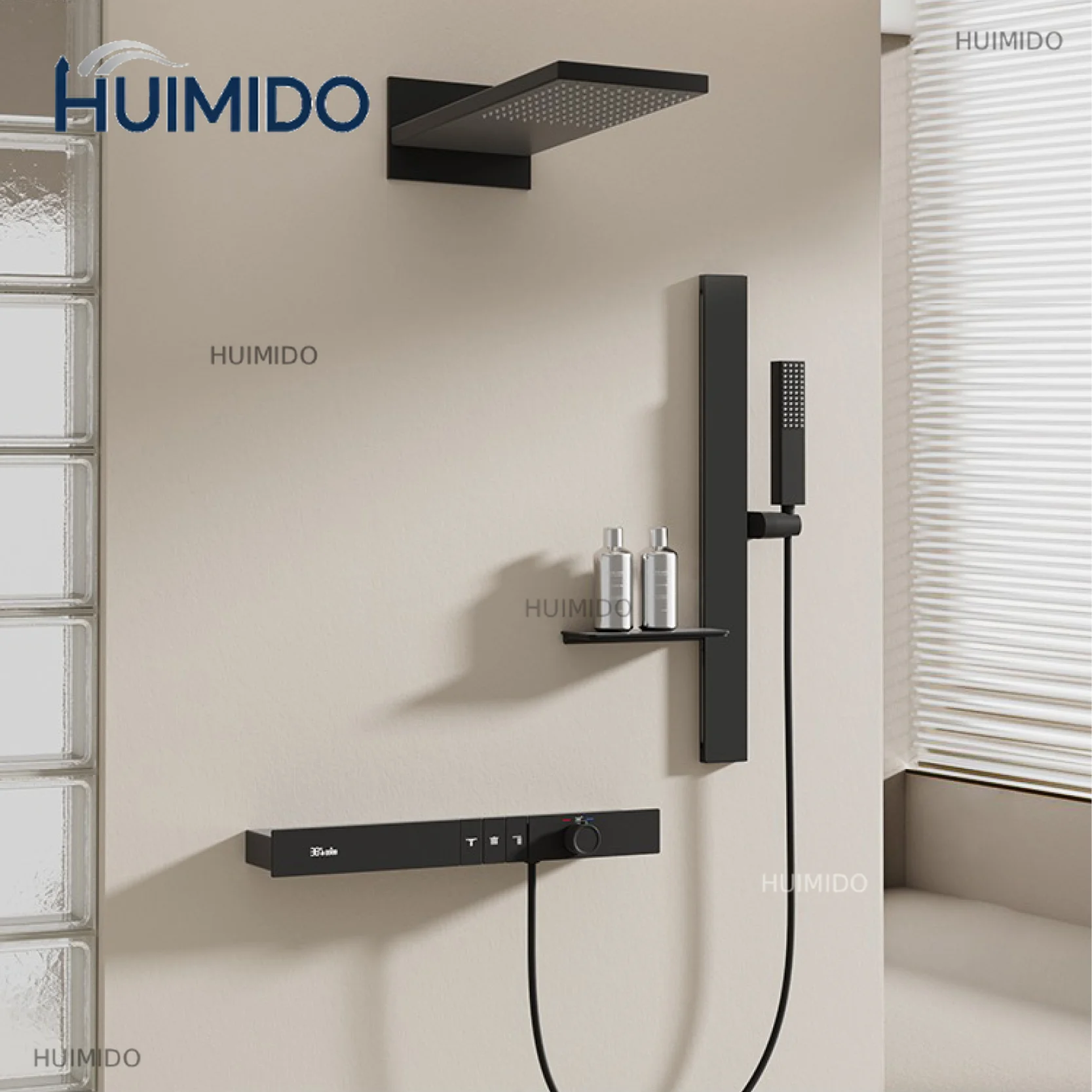 Luxury Ceiling Thermostatic Shower System Black Brass 3 Function Built In Wall Cold Hot Water Waterfall Outlet Bathroom Faucet