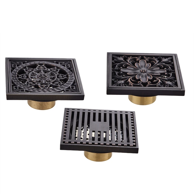 Black Floor Drain 10X10 cm Square Brass Shower Drain Strainer Floor Cover Art Carved Balcony Bathroom Accessories Grate Waste