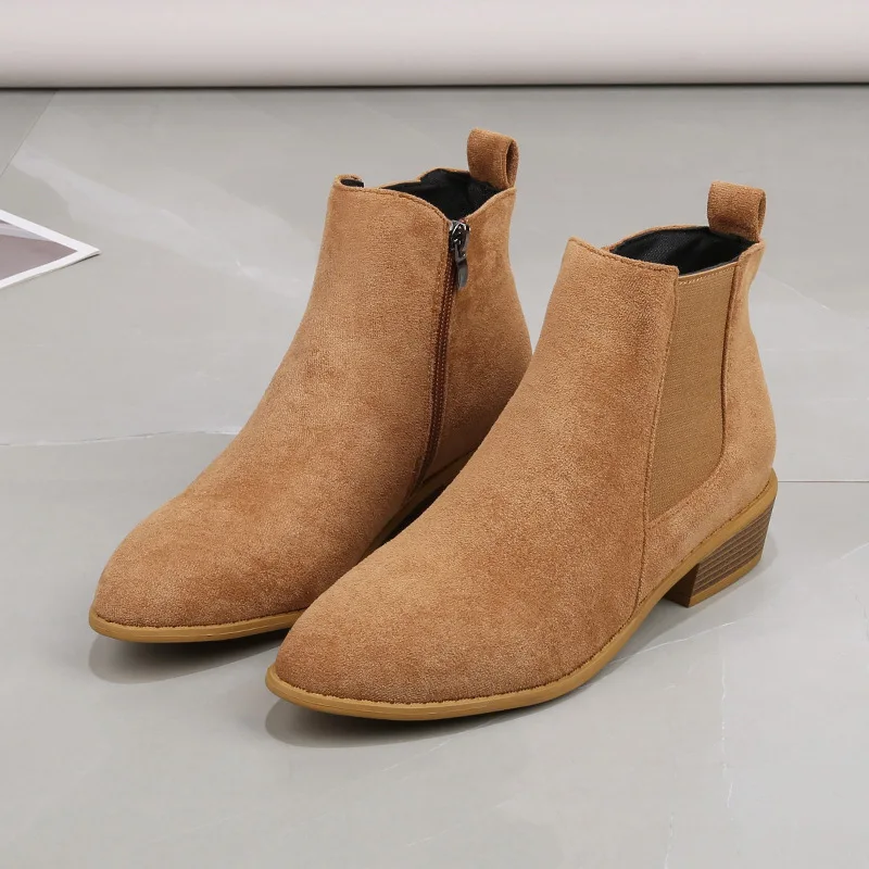 Women's Short Boots Autumn Pointed Flannel Suede Thick Heel Booties Women Big Size 43 Zipper Heeled Ankle Boots Botas De Mujer