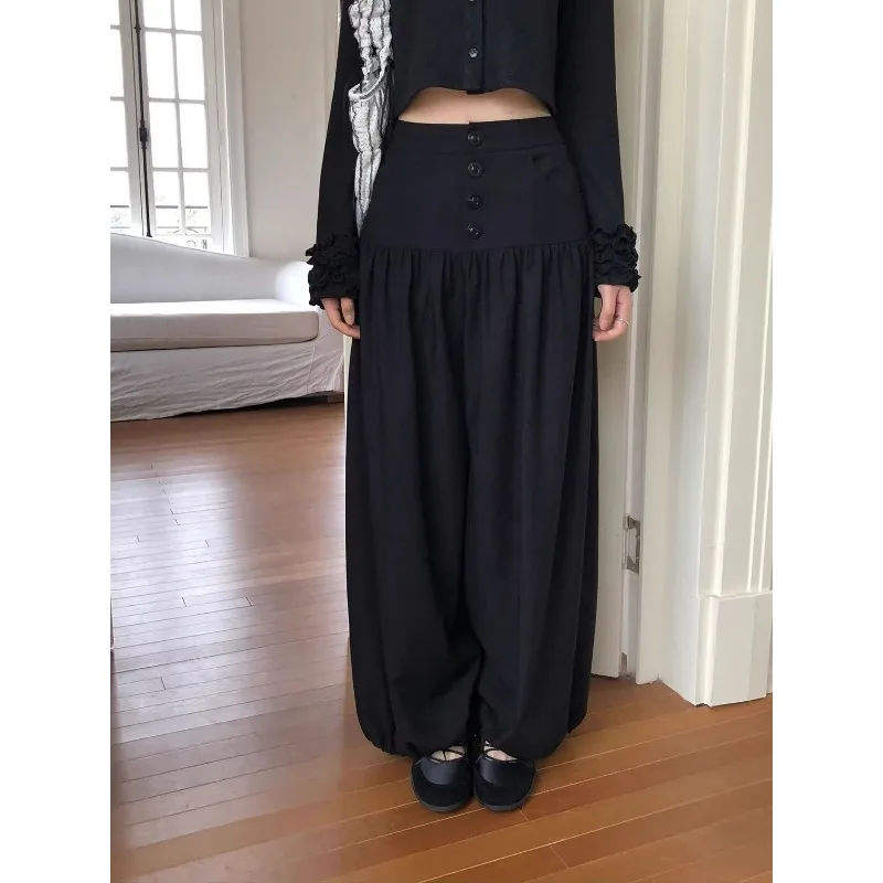 Black Two-wear Casual Pants Design Sense of Wearing High-waisted and Thin Versatile Large-size Straight Wide-leg Trousers