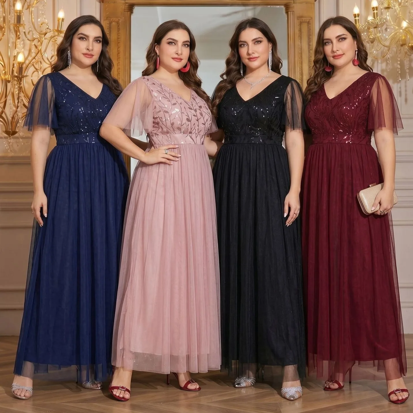 V Neck Sheer Flutter Sleeve Floral Sequin Tulle A Line Dress Multi Shades Plus Size Floor Train Mother of Bride Gala Gown