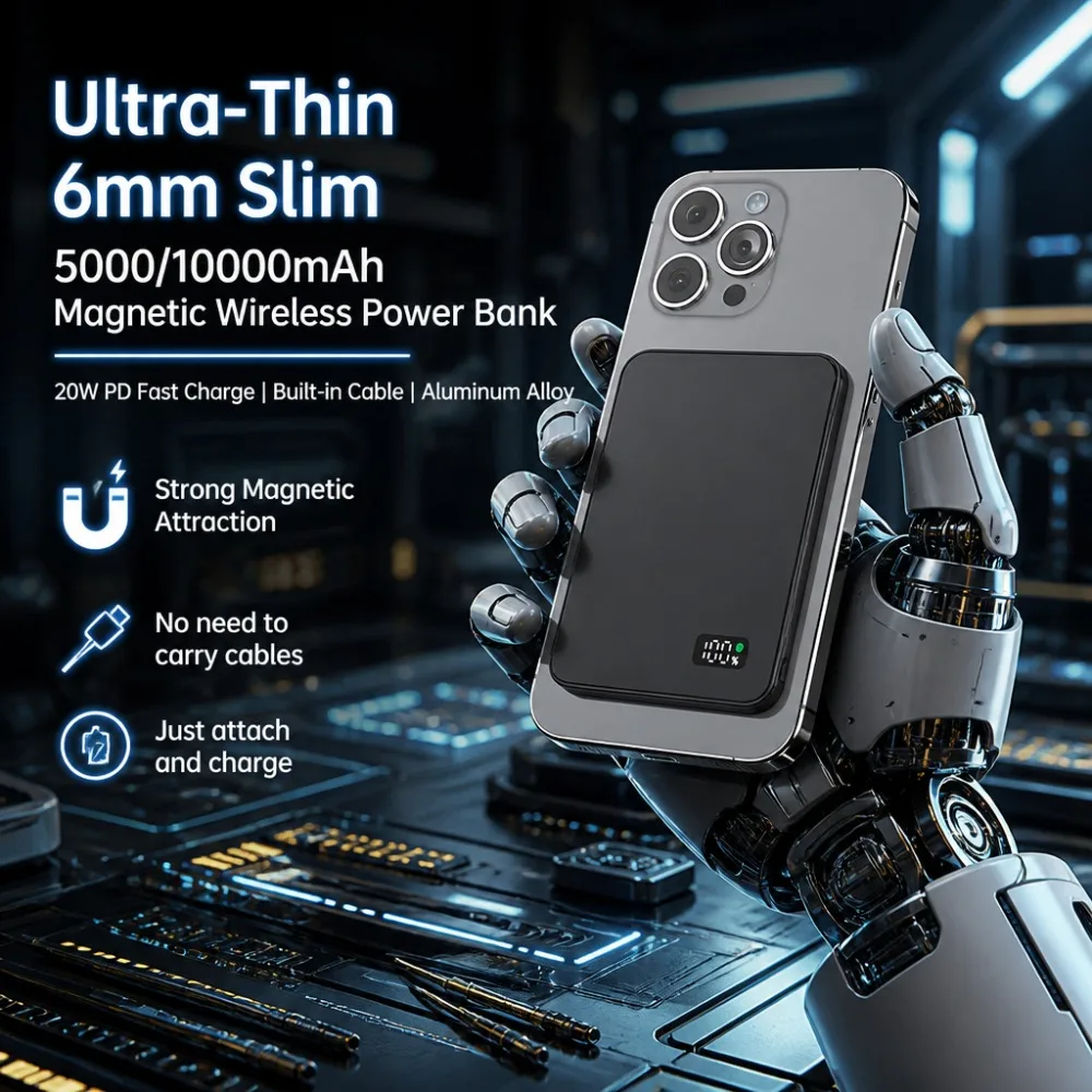 Ultra-Thin Magnetic Wireless Power Bank 5000/10000mAh, 20W PD Fast Charging, Aluminum Alloy Portable Charger for Samsung Pixel