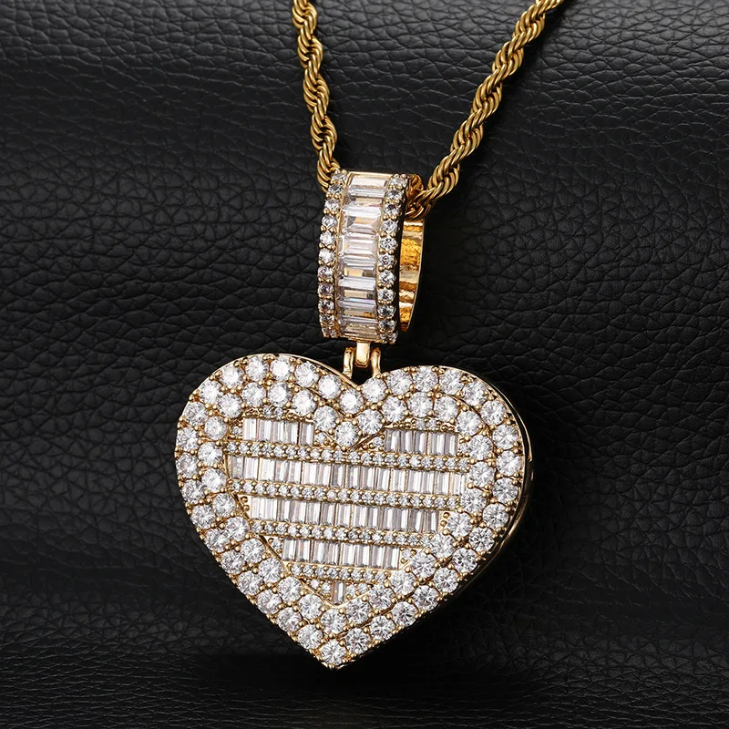 Baguette Iced Out Heart Necklace, Unisex Full Paved CZ Hip Hop Bling Jewelry, Rapper Accessory