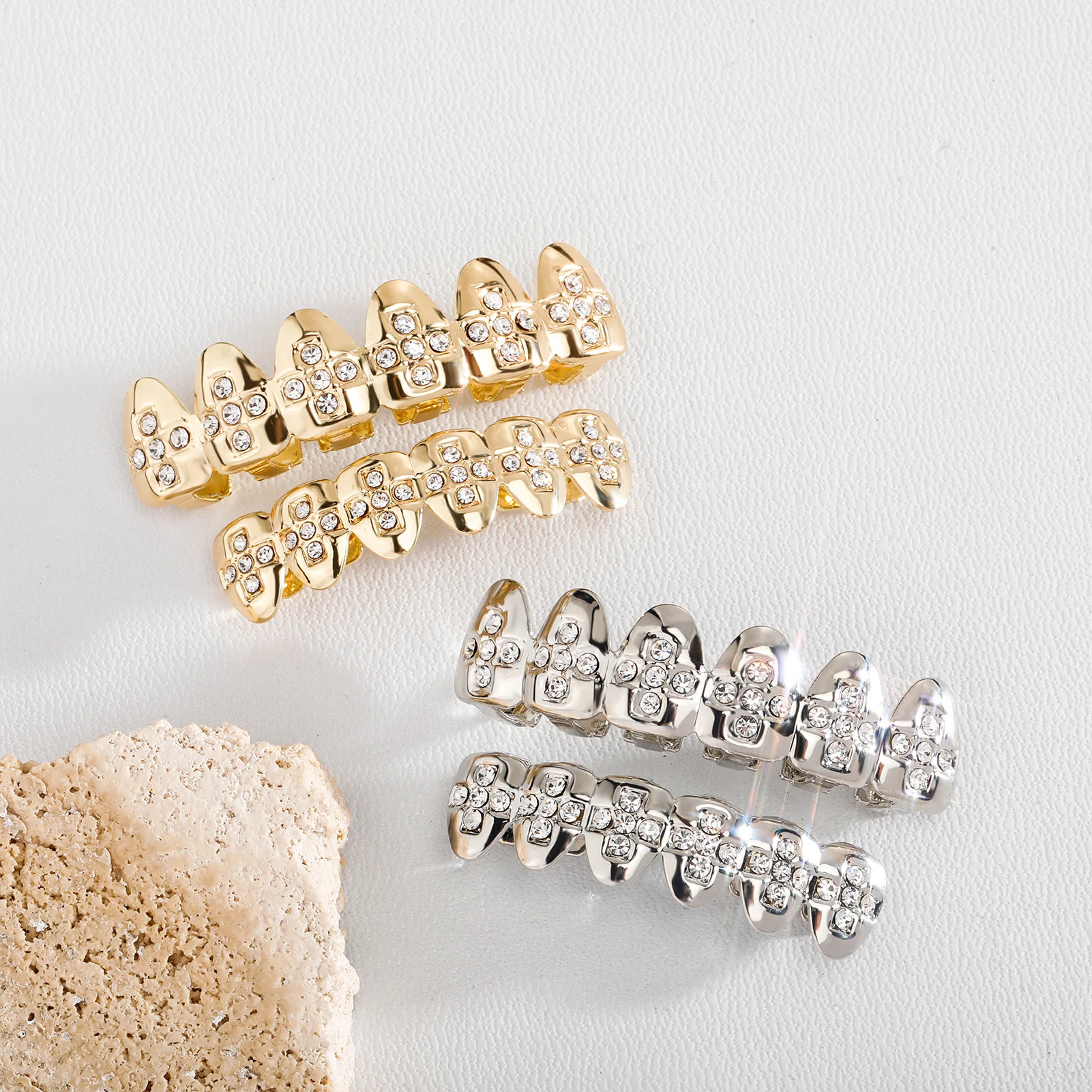 Hip Hop Iced Out Cross Grillz Full Diamond Teeth Gold Silver Punk Bling Top Bottom Rapper Metal Mouthpiece Jewelry