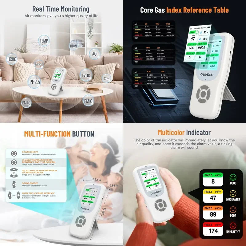 【CHIMU HOME】 Formaldehyde Temperature Humidity Meter Sensor Tester for PM2.5 PM10 PM1.0 Micron Dust TVOC Air Quality