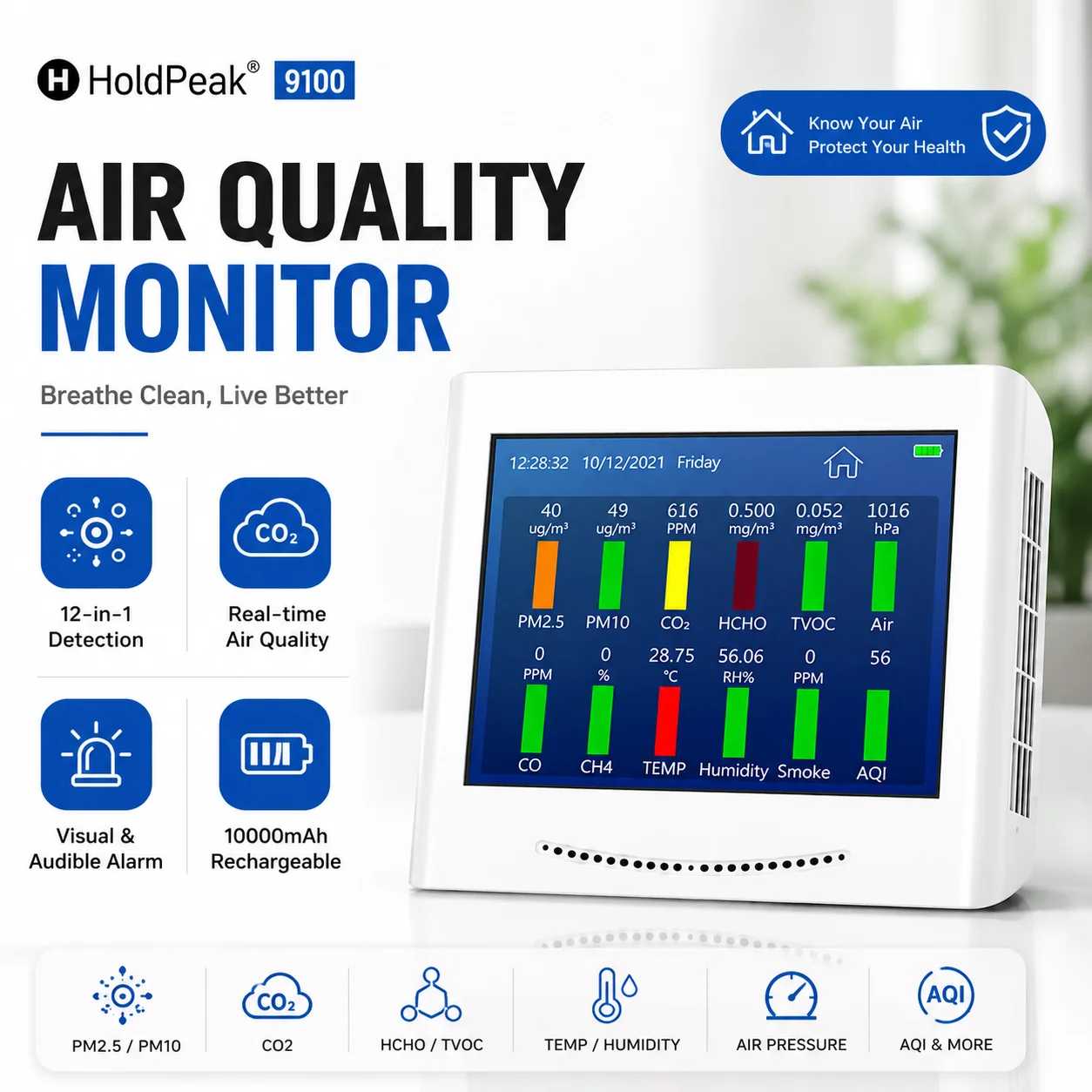 12-in-1 Air Quality Monitor CO2 Detector PM2.5 PM10 HCHO TVOC CO CH4 Meter Temperature Humidity 10000mAh Rechargeable Alarm