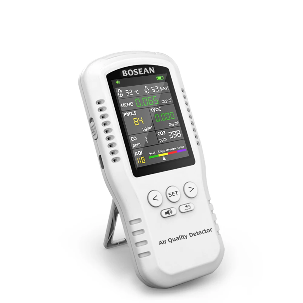 Bosean Portable CO2 Pm2.5 Detector Handheld air Quality Monitor Pm2.5 Hcho Temperature Detector Pm2.5 Pm10 Tvoc Hcho Monitor
