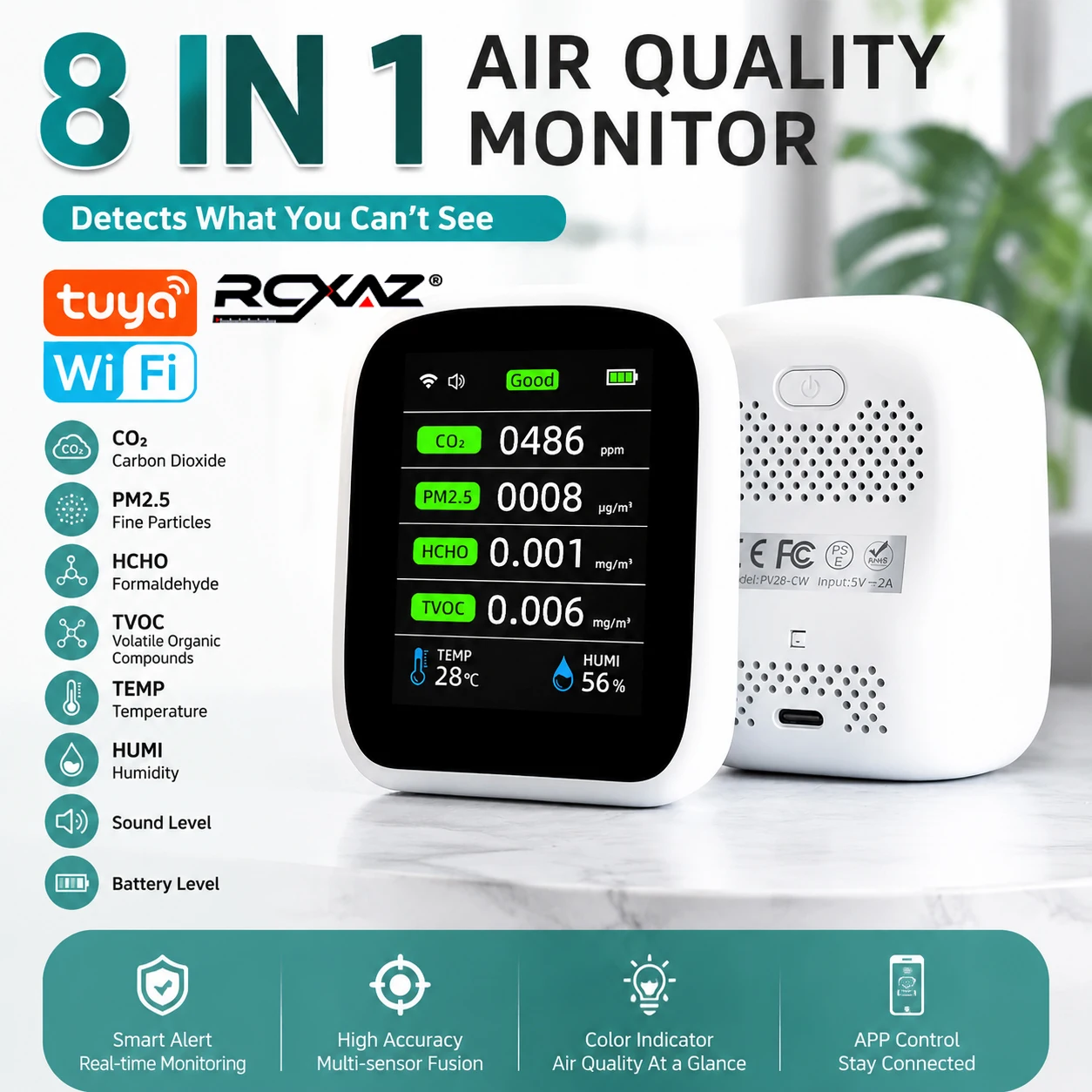 8 In 1 Tuya WiFi Air Quality Monitor CO2 HCHO TVOC PM1.0 PM2.5 PM10 Detector Temperature Humidity Tester Carbon Dioxide Meter