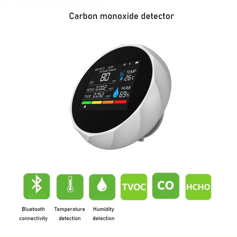 Bluetooth Connectivity Carbon Monoxide Detector CO Formaldehyde TVOC Temperature Humidity 5 in One Detector Air Quality Testing