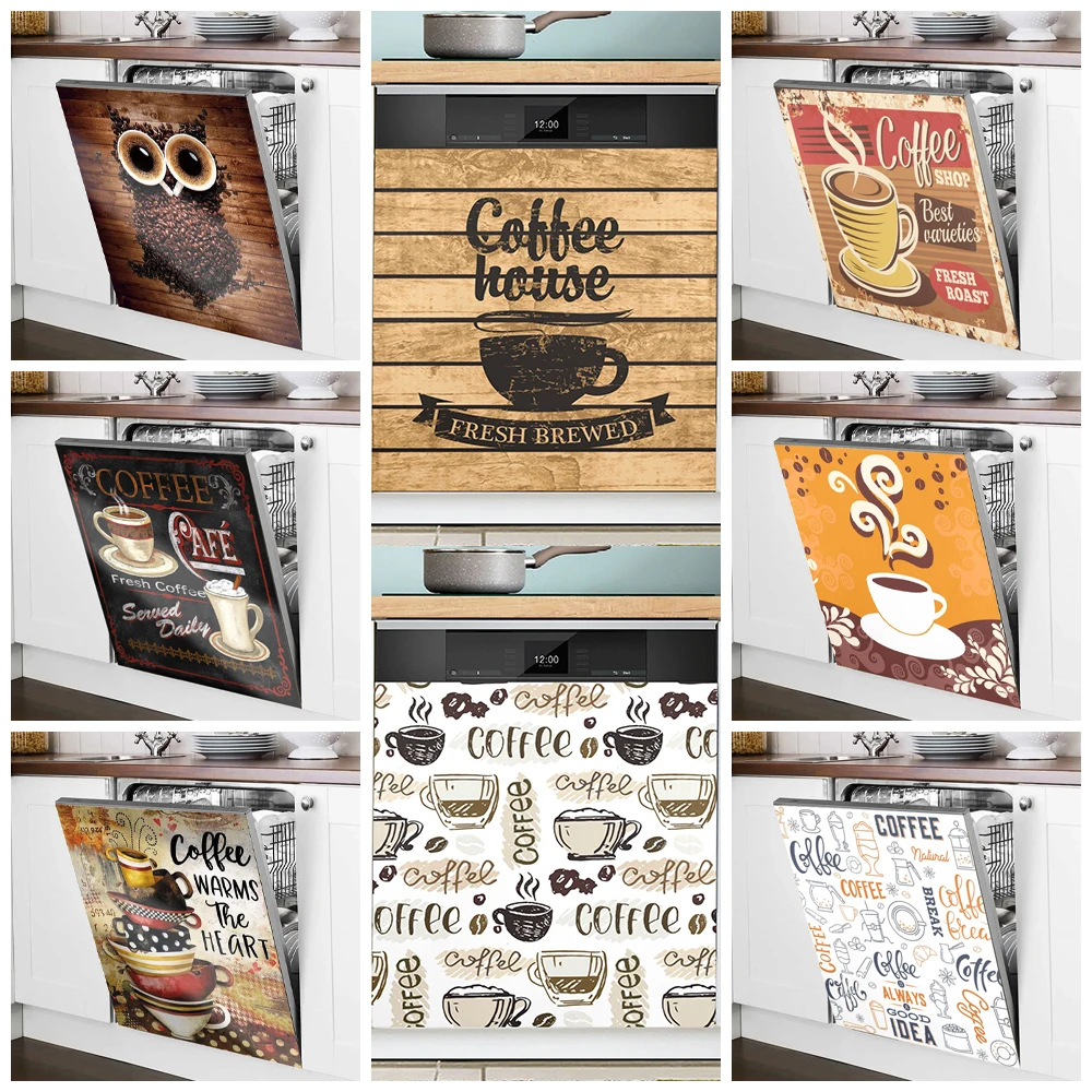 Retro Coffee Poster Dishwasher Mural Decals Waterproof Kitchen Decorative Poster for Dishwashing Cabinet Freezer Door Sticker