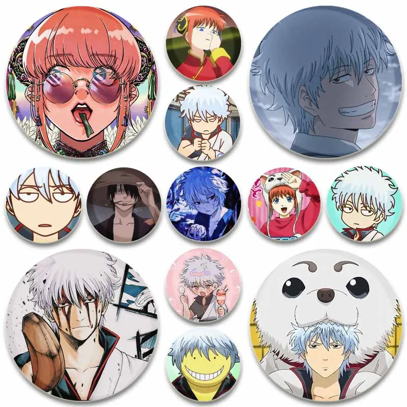 Anime Gintama Brooches Sakata Gintoki/Kagura/Shimura Shinpachi Cartoon Badge Jacket Jeans Lapel Pin Gift Bag Accessorie