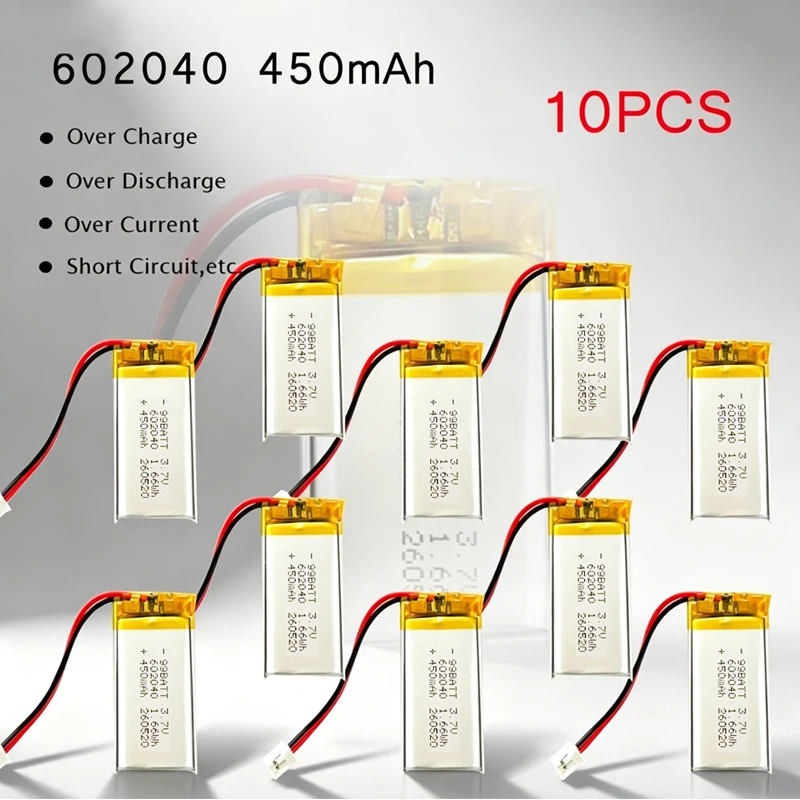 10pcs 602040 3.7V 450mAh Polymer Lithium Rechargeable Battery for Bluetooth Headset  Light Dog Training Device Beauty Equipment