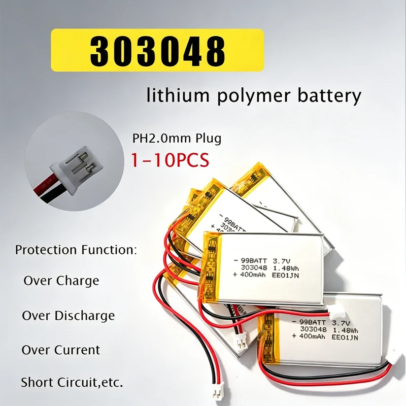 303048 Battery 400mAh 3.7V Lithium Li Polymer LiPo Battery JST 2.0 2Pin for LED Beauty Instrument Bluetooth Headset Rechargeable