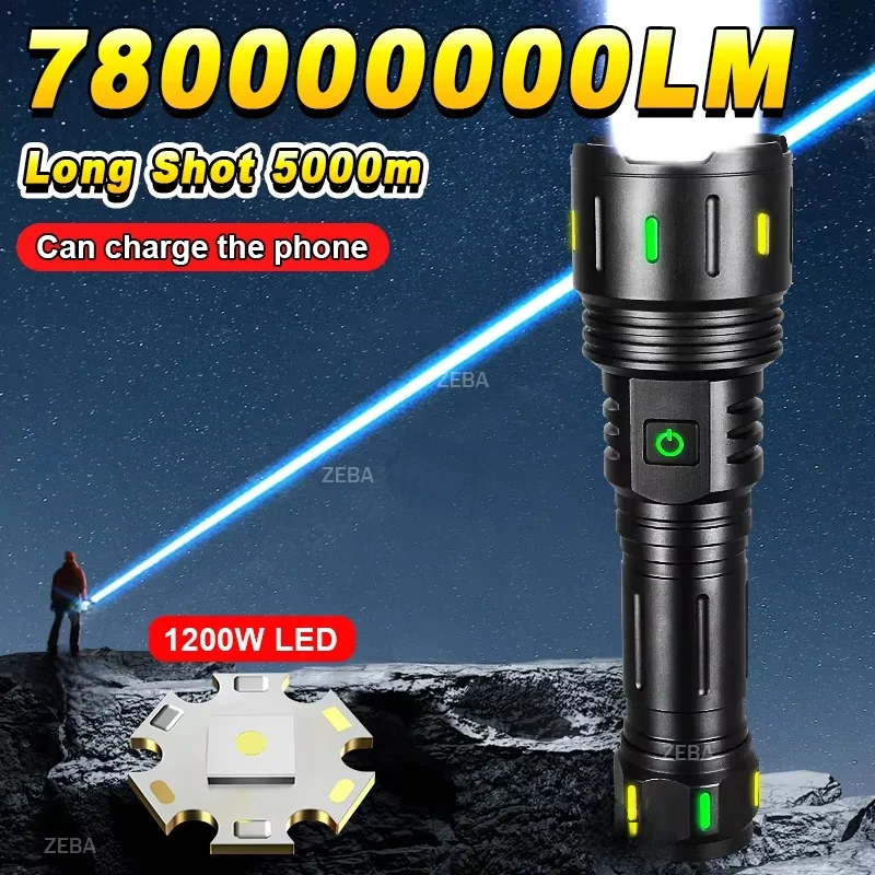 780000000LM Most Powerful Led Flashlight Long Range 5000m Tactical Torch Rechargeable 1200W LED High Power Lantern Outdoor