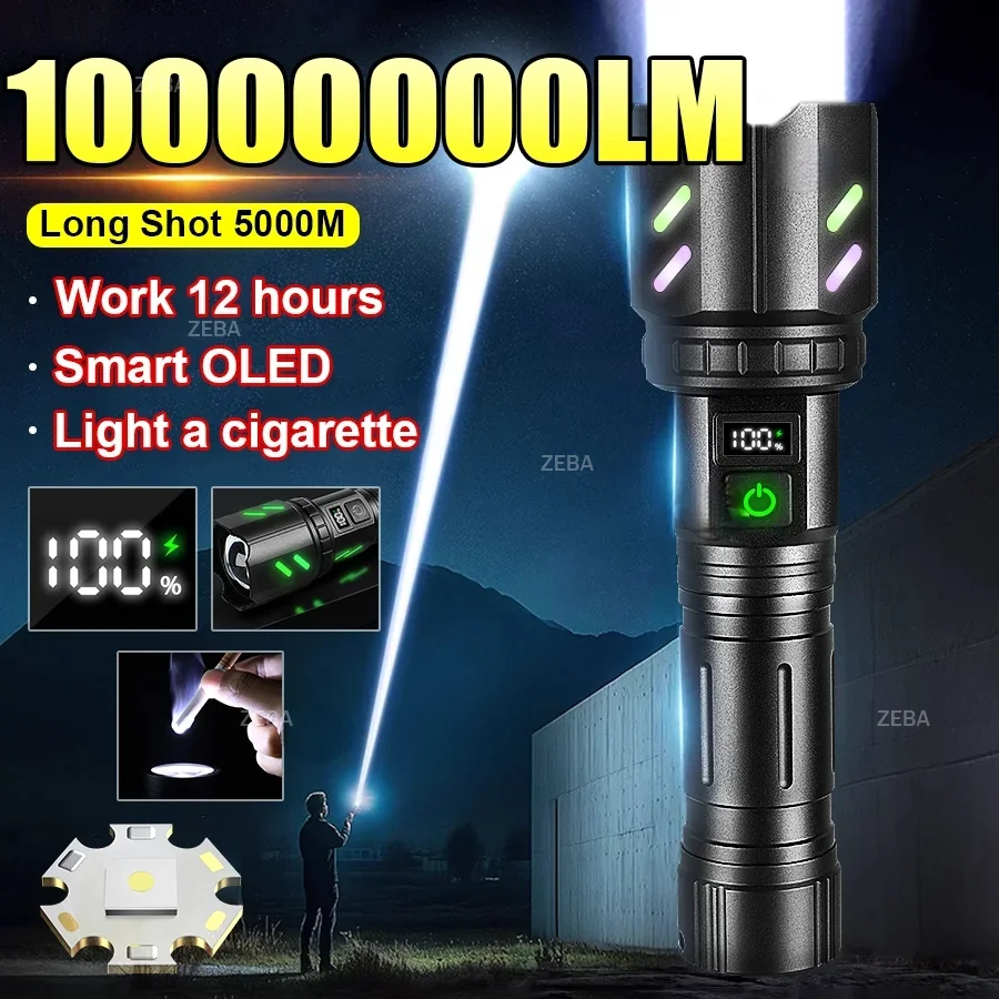 10000000LM Ultra Bright LED Flashlights Most Powerful Tactical Torch Ignitable Portable Lamp Power Display Torch Camping Lantern