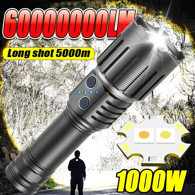 60000000LM Most Powerful LED Flashlights 5000M Tactical Torch Light Rechargeable Zoom Flashlight Outdoor Fishing Hunting Lantern