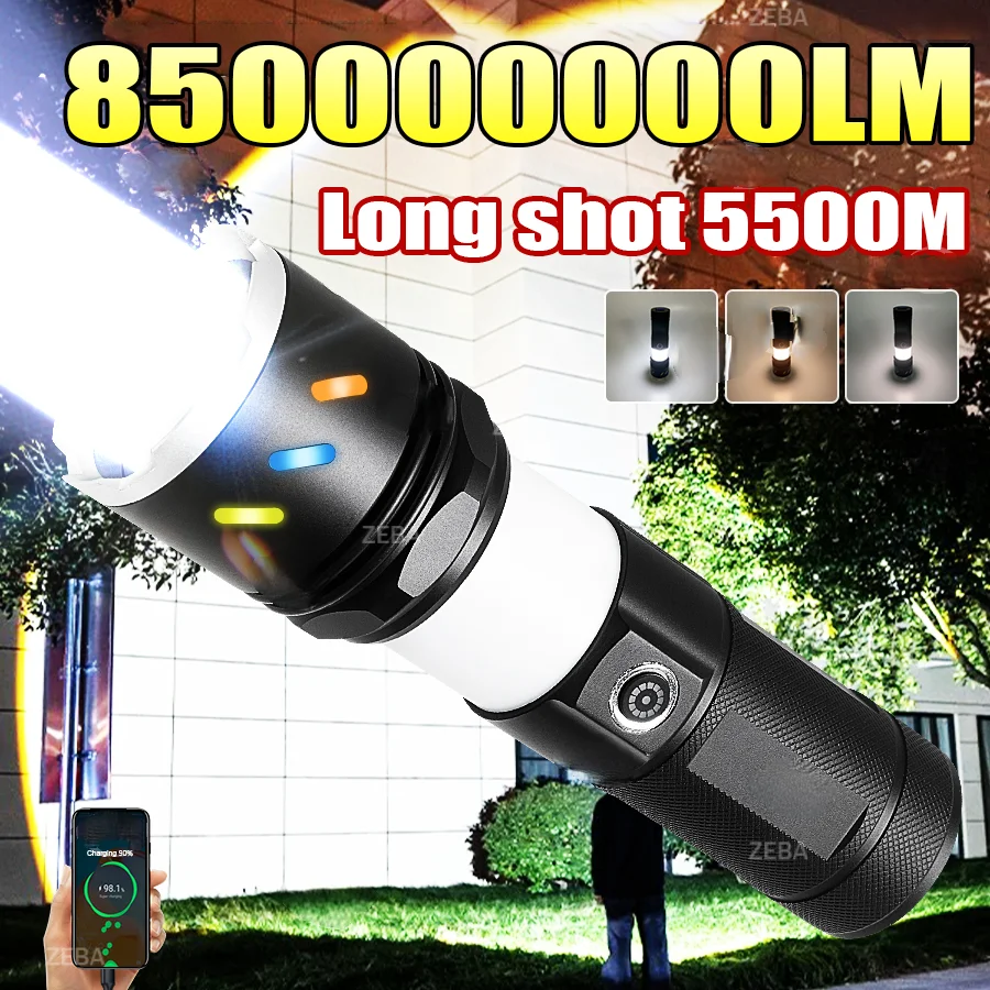 High Power LED Flashlight 8500000LM Most Bright Tactical Torch Powerful Rechargeable Flashlight Long Range 5500M Camping Lantern
