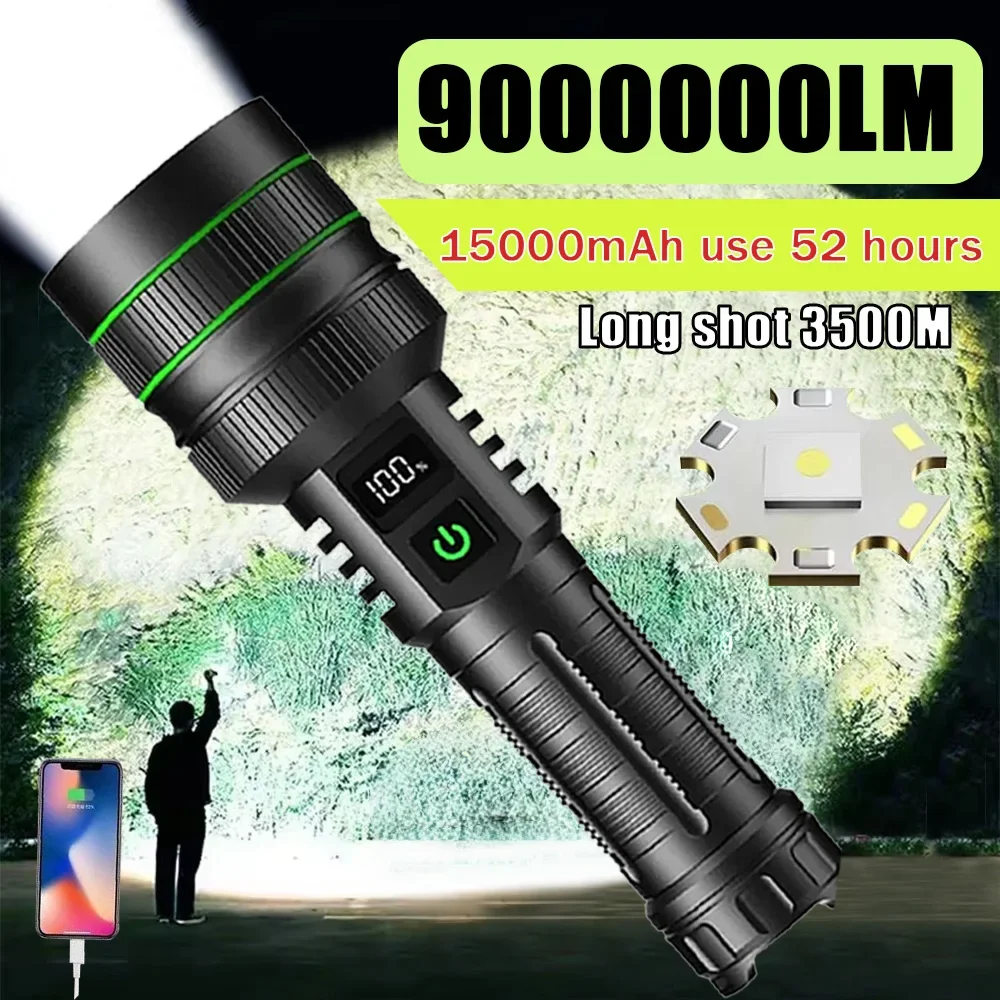 9000000LM Most Powerful LED Flashlight Rechargeable Type-c Flashlight Long Range 5000M Tactical Torch Light For Fishing Hunting