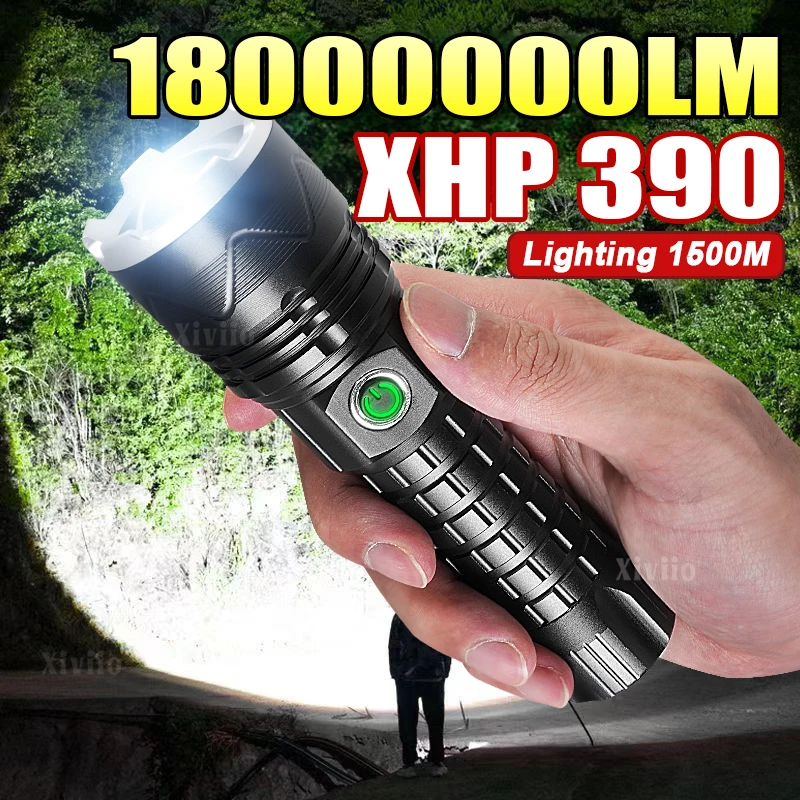 Most Powerful XHP390 Flashlight Rechargeable Portable Torch Telescopic Zoom Tactical Lantern Emergency Hiking Camping Flashlight