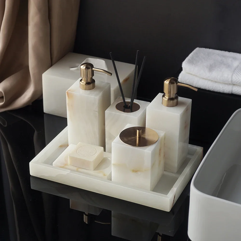 White Onyx Natural Marble Bathroom Accessories Set Elegant Soap Dispenser Tissue Box Vanity Tray Bathroom Set