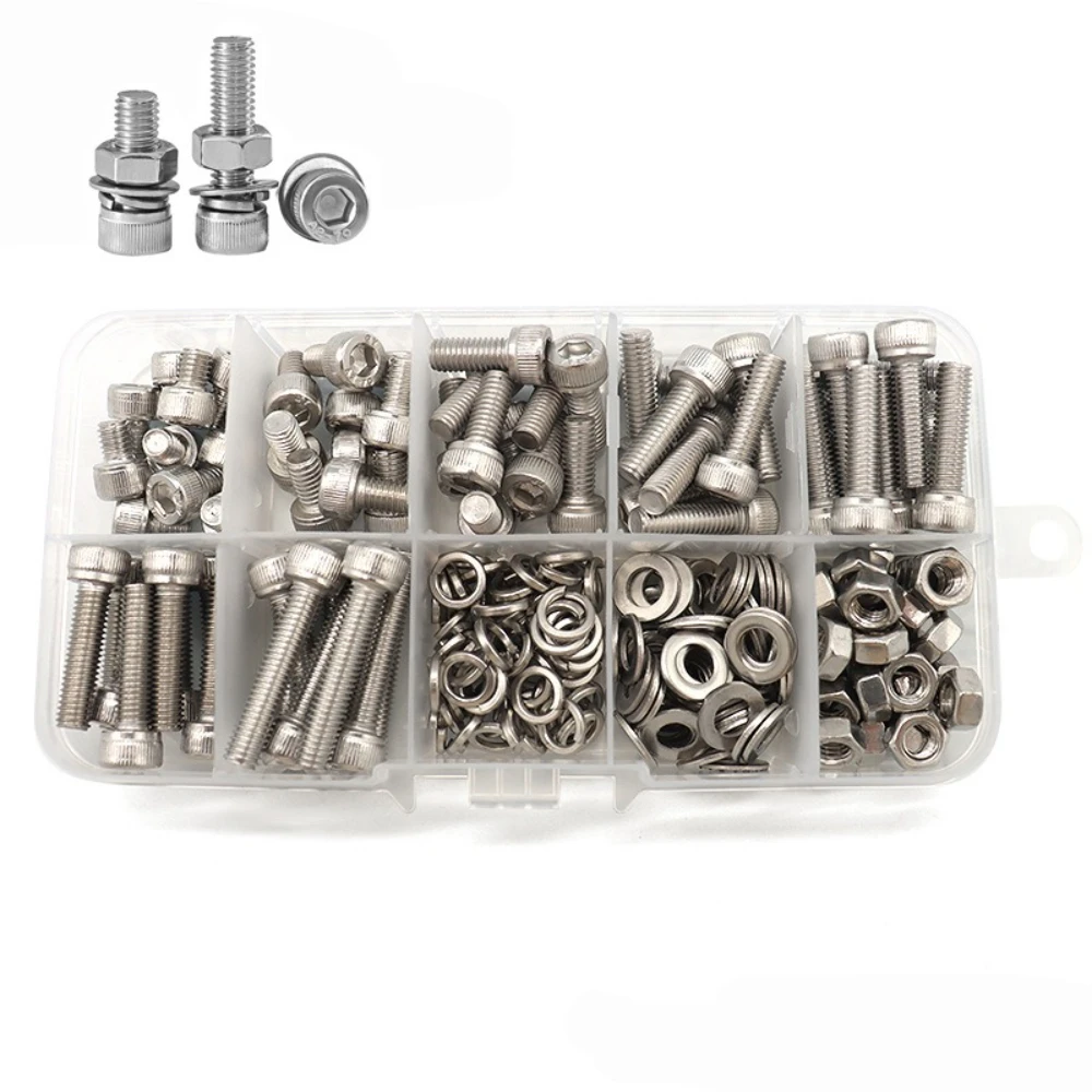216pcs 304 Stainless Steel Hexagon Socket Screw Nuts Set Cylindrical Head Bolt Screw Screw Spring Washer Flat Washer M5 Bolt