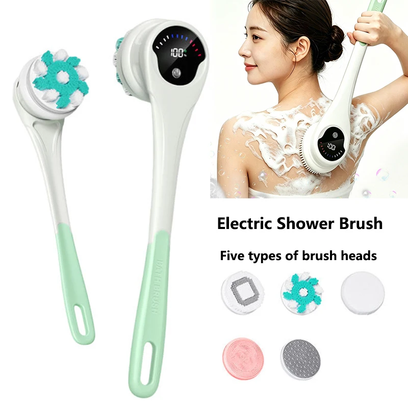 Electric Bath Brush with 5 Heads IPX6 Waterproof Long Handle 3-Speed Rotation Shower Massage Brushes for Cleansing Exfoliating