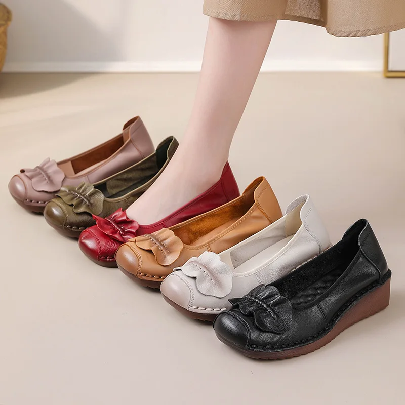 New women's natural leather shoes woman handmade wedged heel flats ladies mokasin grandmother chic shoes luxury loafer moccasins