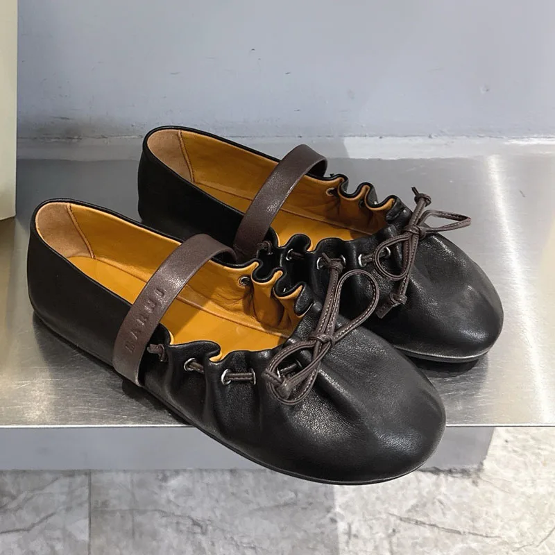 High Quality Pleated Bow Buckle Ballet Mary Jane Shoes Genuine Leather Flats 2026 New  Fashion Casual Shoes
