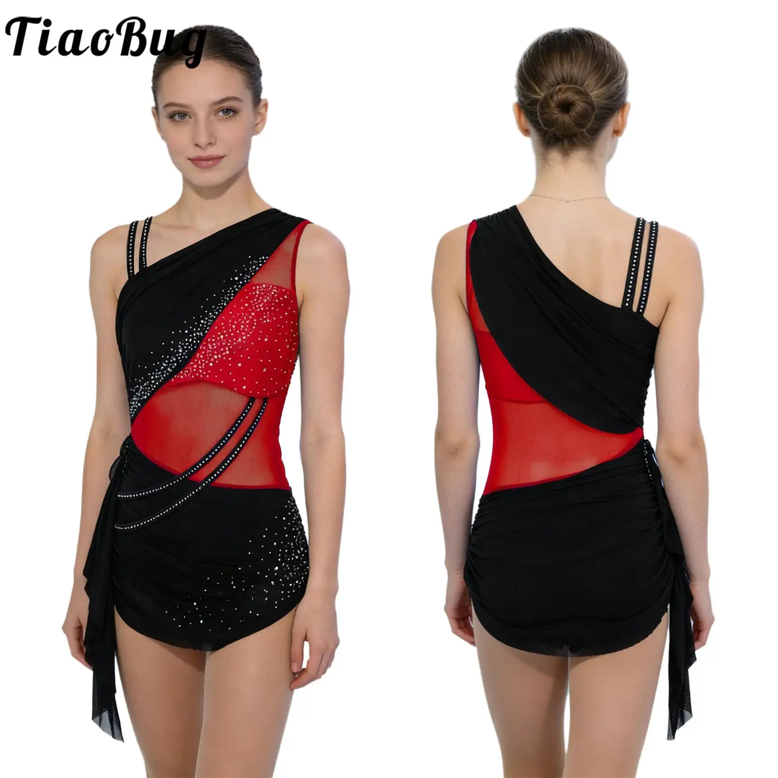 Women Leotards Figure Skating Gymnastics Performance Dress Rhinestones Buttons Crotch Ruched Skirted Roller Skating Bodysuits