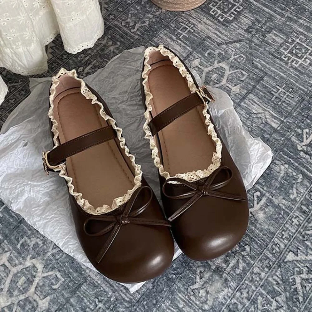 Breathable PU Leather JK Flat Shoes Bow Sweet Casual Ballet Flats Soft Sole Lace Ruffled Mary Jane Shoes Party