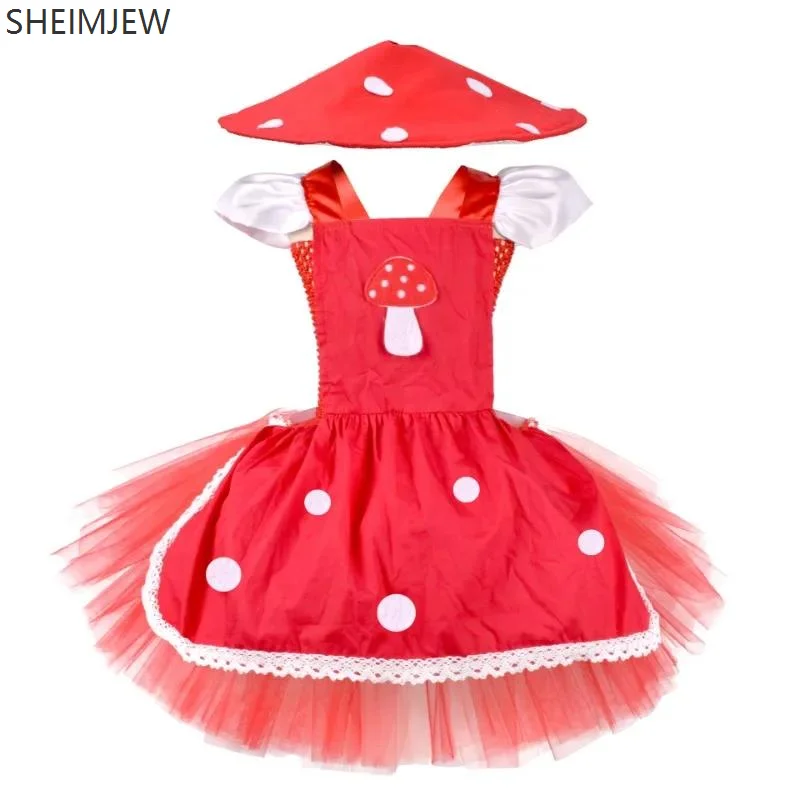 Girls Mushroom Skirt Halloween Mushroom Carnival Party Costume Cute Children Birthday Party Cosplay Red Dress Set Lollita Ballet