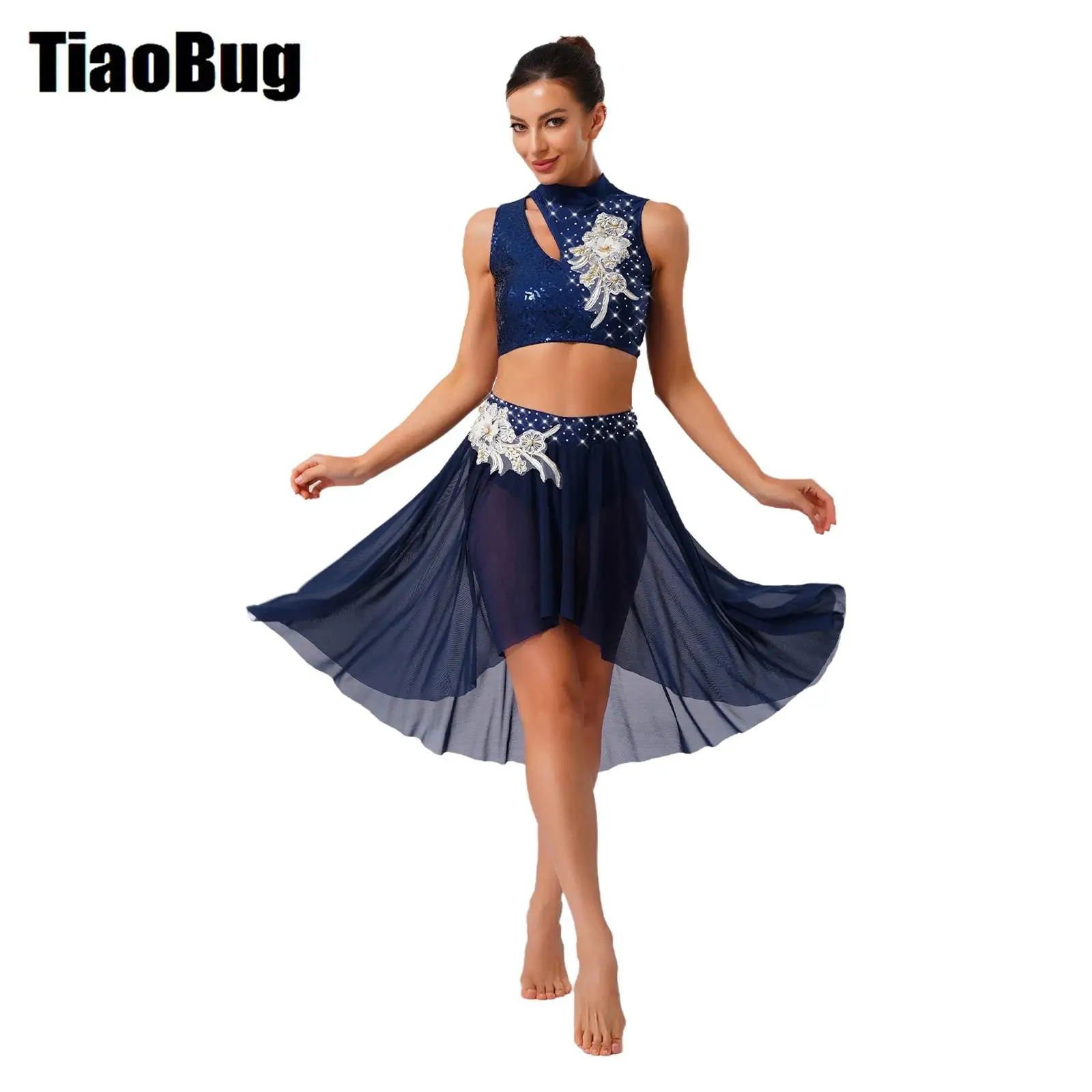 Women Modern Lyrical Dance Costume Outfit Sleeveless Crop Top Irregular Mesh Skirt Embroidery Gymnastics Ballet Skating Dancewea
