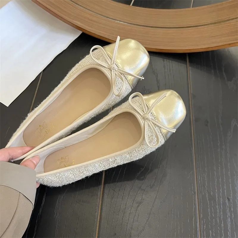 Women's Shoes Autumn New Ballet Shoes Leather Round Head Women's Shoes Flat Casual Classic Breathable Style Ladies Single Shoes