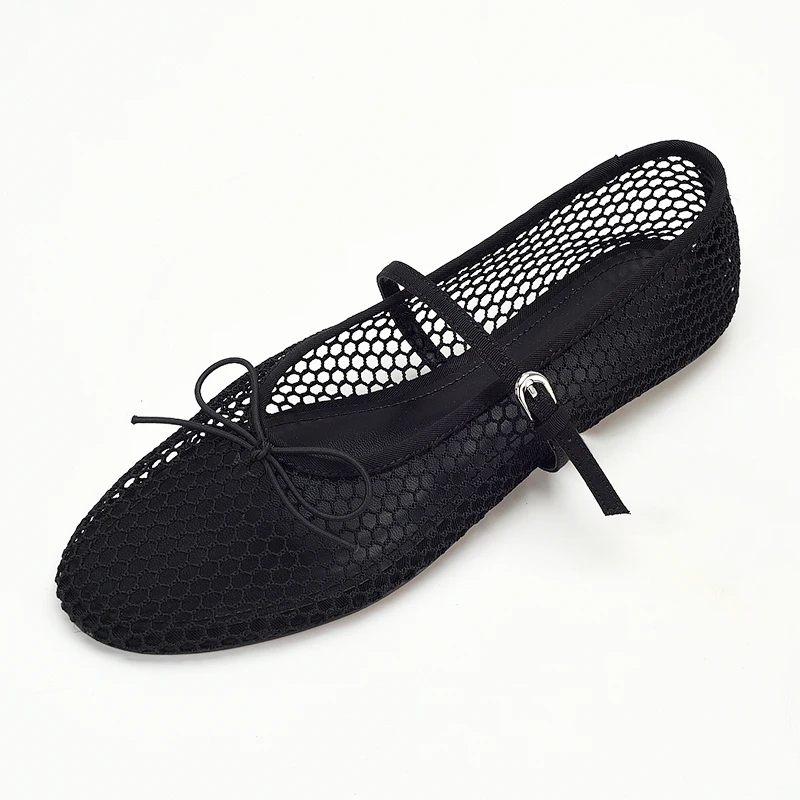 Mesh Summer Ballet Flats Shoes Women Buckle Strap Breathable Summer Flats Shoes Ladies Black Mary Janes Footwear Loafers New