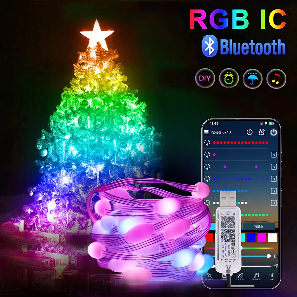 USB RGBIC LED Light String WS2812B Bluetooth Remote Waterproof Fairy Lights Christmas Garland Home Wedding Holiday Party Decor