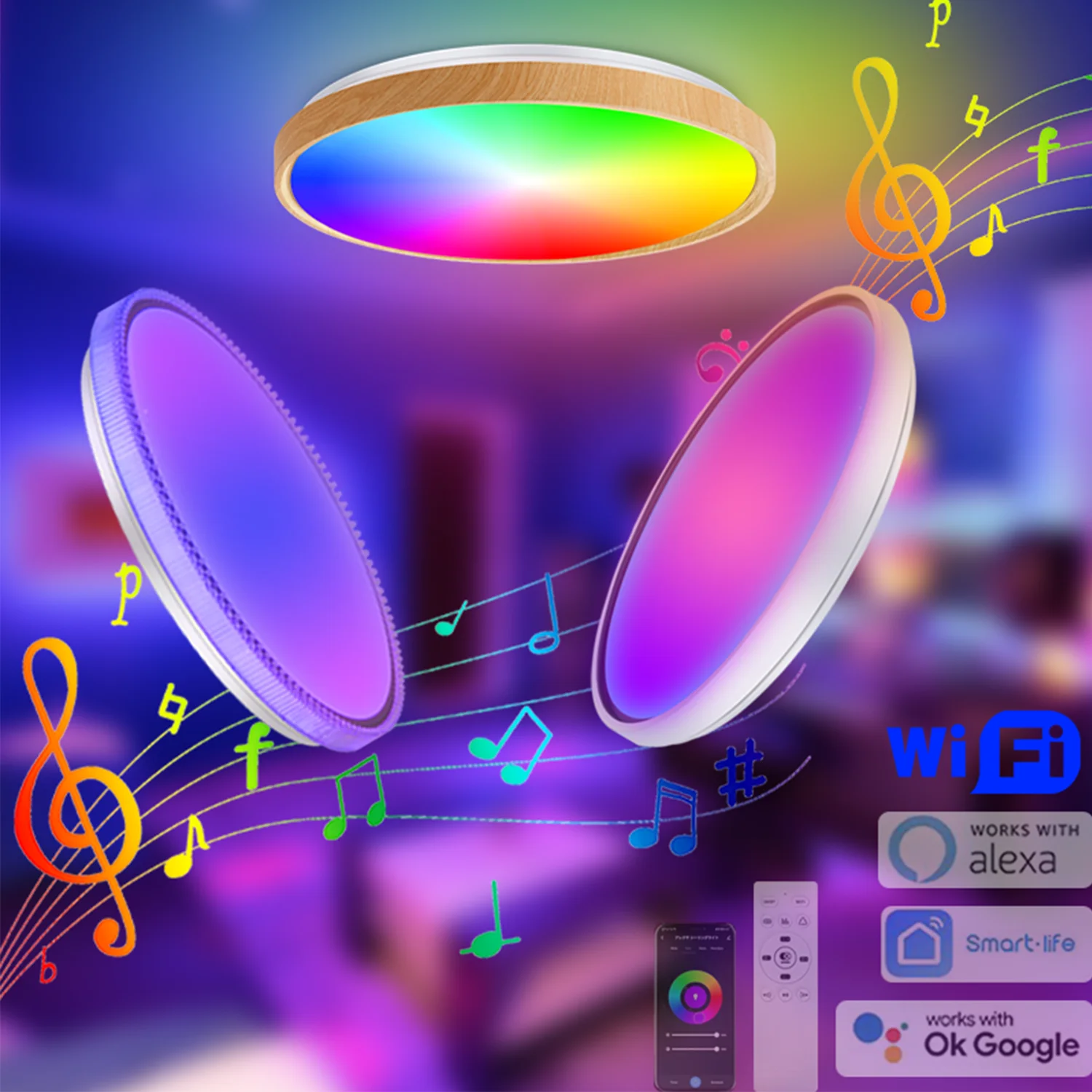 Chysongoods Modern Wifi RGB Smart LED Ceiling Light With Bluetooth Speaker Compatible With Alexa Google Home For Home Decoration