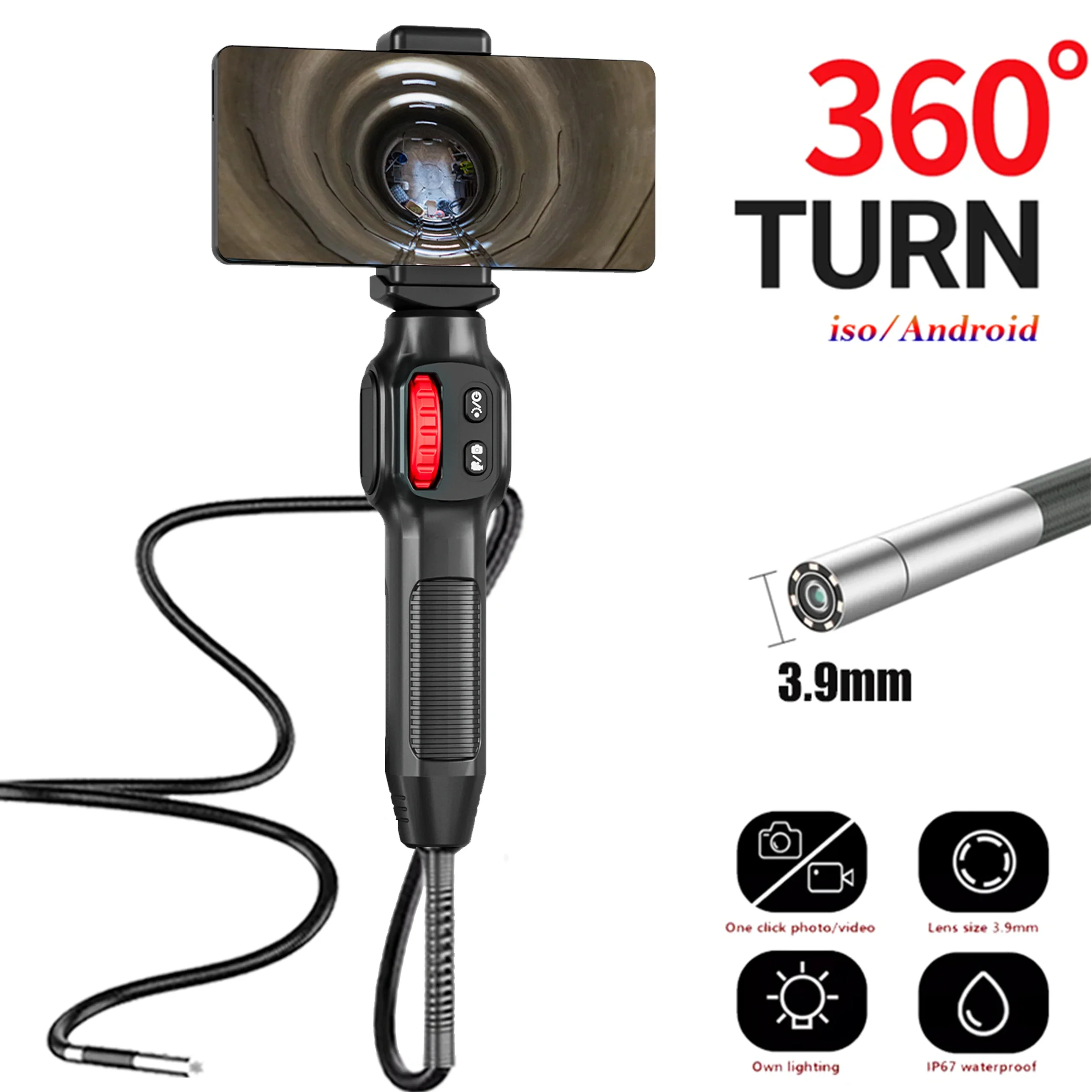 3.9mm Two-Way Endoscope Articulating Industrial Borescope Snake Camera with Light 360°Rotation Sewer Camera Support Android IOS