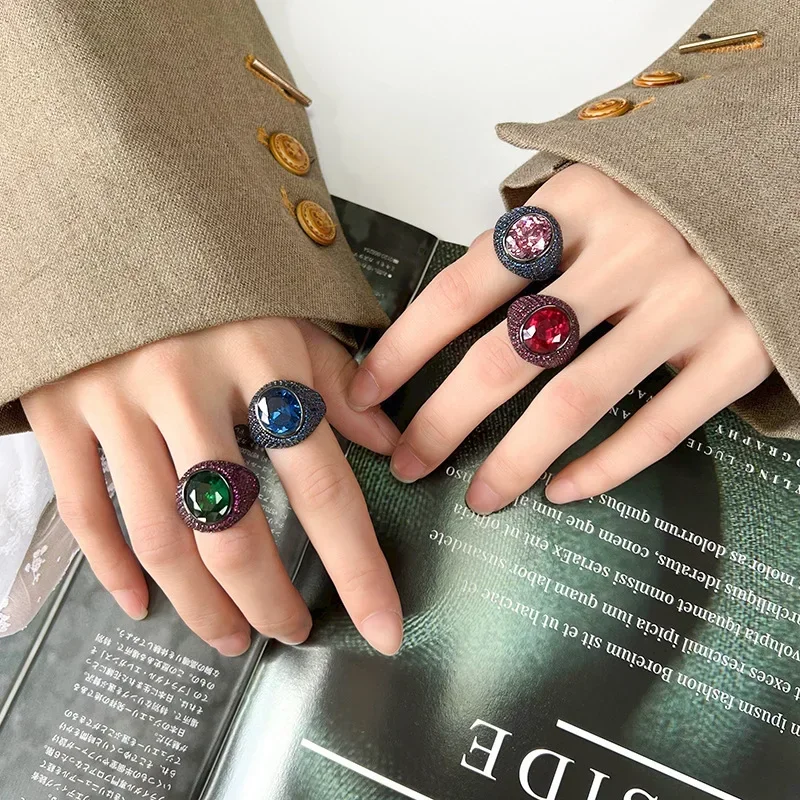 Black Light Surface Inlaid Red Blue 5A Cubic Zirconia Stone 10*12 Adjustable Ring for Women Party Fine Jewelry Anniversary Gift