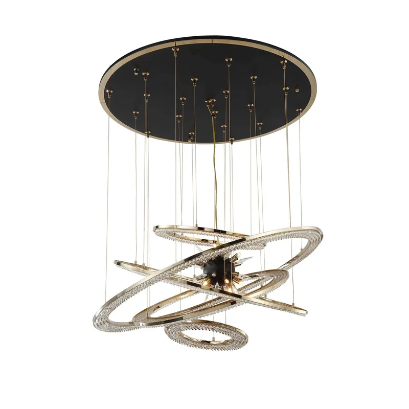 REVEN Luxury Adjustable Pendant Light Modern K9 Crystal Ring Hardware Chandelier Luster 3-Color Dimmable For Villa Dining