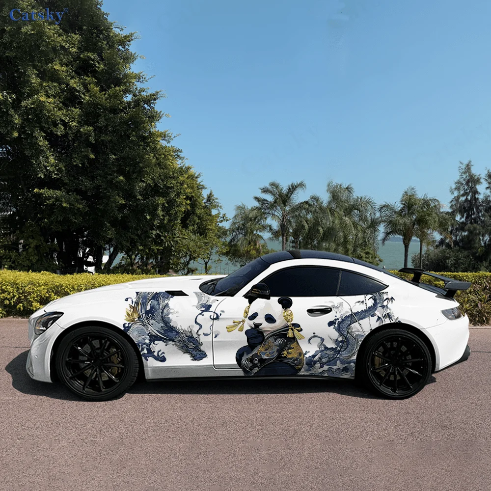 Panda Play with Dragon Color Car Vinyl Wraps Decal Self-adhesive PVC Sticker Suitable for Trucks SUV Decor Auto Accessories Gift